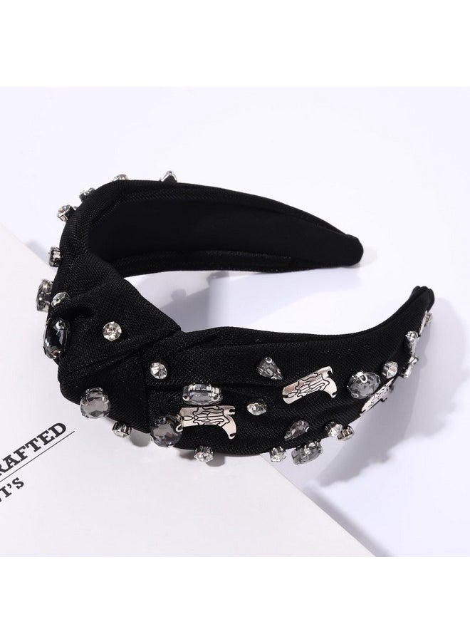 YAHPERN Crystal Knotted Headbands For Women Rhinestone Jeweled Headbands Western Cowboy Boot Embellished Hairbands Vintage Cowgirl Rodeo Outfit Accessories (Black)  - Image 2