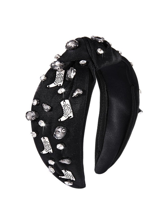 YAHPERN Crystal Knotted Headbands For Women Rhinestone Jeweled Headbands Western Cowboy Boot Embellished Hairbands Vintage Cowgirl Rodeo Outfit Accessories (Black)  - Image 1