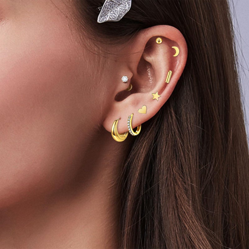 SYNLIN Gold Plated Flat Back Earrings & Hoops Set- 16 Pairs Hypoallergenic Cartilage Studs & Mini Hoop for Women | Threadless Push-in Design, Tiny Star, Moon, Heart, CZ & Chunky Hoops (A Gold) - Image 4