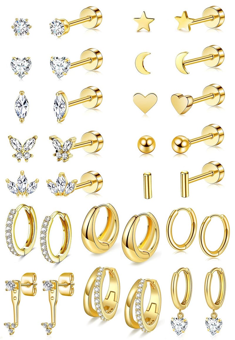 SYNLIN Gold Plated Flat Back Earrings & Hoops Set- 16 Pairs Hypoallergenic Cartilage Studs & Mini Hoop for Women | Threadless Push-in Design, Tiny Star, Moon, Heart, CZ & Chunky Hoops (A Gold) - Image 1