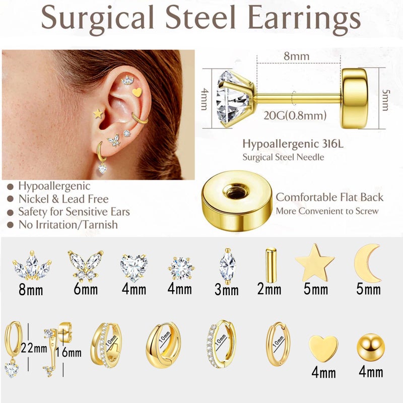 SYNLIN Gold Plated Flat Back Earrings & Hoops Set- 16 Pairs Hypoallergenic Cartilage Studs & Mini Hoop for Women | Threadless Push-in Design, Tiny Star, Moon, Heart, CZ & Chunky Hoops (A Gold) - Image 2