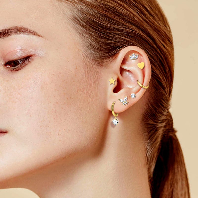 SYNLIN Gold Plated Flat Back Earrings & Hoops Set- 16 Pairs Hypoallergenic Cartilage Studs & Mini Hoop for Women | Threadless Push-in Design, Tiny Star, Moon, Heart, CZ & Chunky Hoops (A Gold) - Image 3