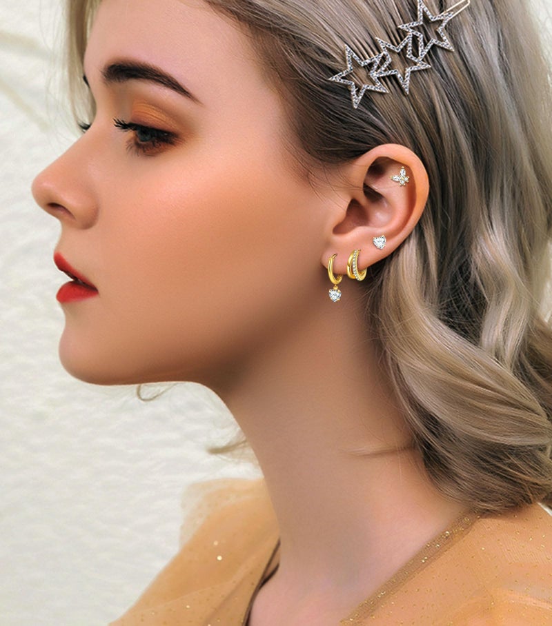 SYNLIN Gold Plated Flat Back Earrings & Hoops Set- 16 Pairs Hypoallergenic Cartilage Studs & Mini Hoop for Women | Threadless Push-in Design, Tiny Star, Moon, Heart, CZ & Chunky Hoops (A Gold) - Image 5