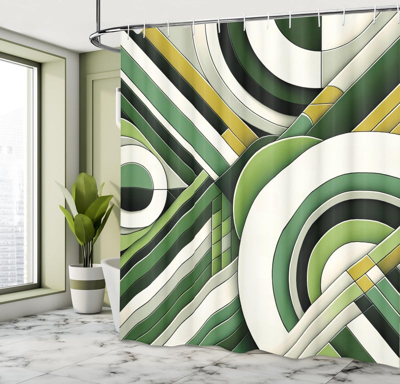 Ambesonne Green Shower Curtain  Mid Century Modern Boho Style Geometric Rounds and Lime Tone Lines Abstract Art  Cloth Fabric Bathroom Decor Set with Hooks  69"" W x 70"" L  Eggshell Khaki - Image 1