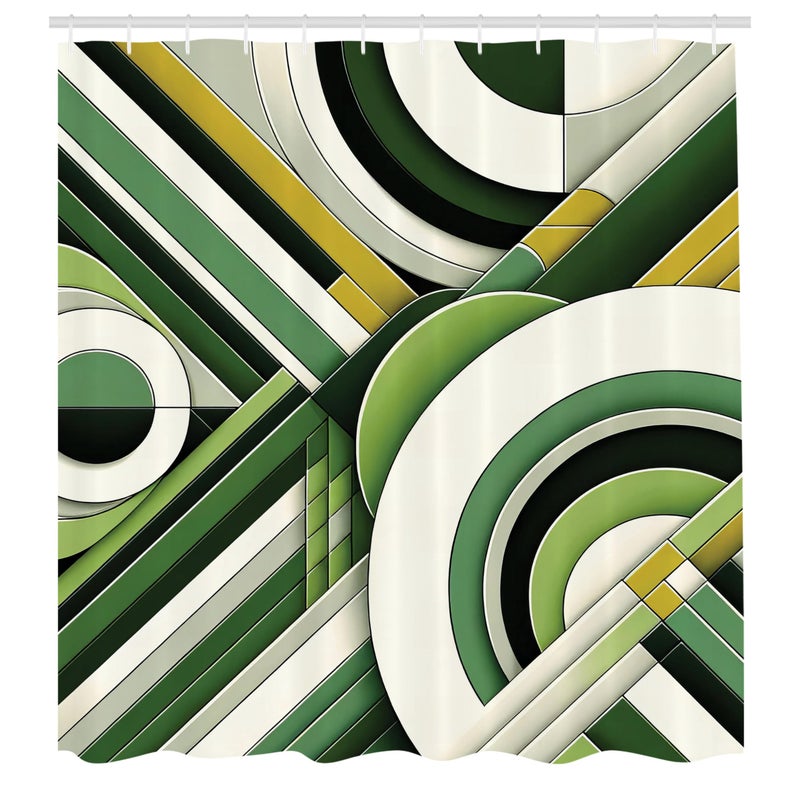 Ambesonne Green Shower Curtain  Mid Century Modern Boho Style Geometric Rounds and Lime Tone Lines Abstract Art  Cloth Fabric Bathroom Decor Set with Hooks  69"" W x 70"" L  Eggshell Khaki - Image 3