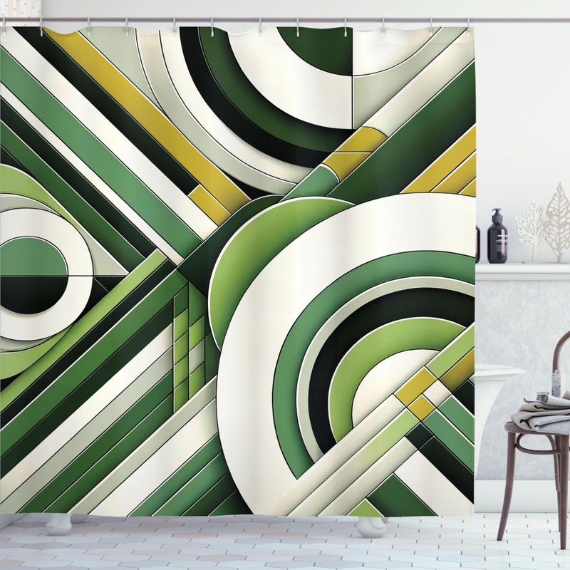 Ambesonne Green Shower Curtain  Mid Century Modern Boho Style Geometric Rounds and Lime Tone Lines Abstract Art  Cloth Fabric Bathroom Decor Set with Hooks  69"" W x 70"" L  Eggshell Khaki - Image 2