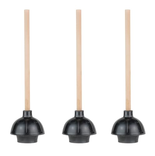 SteadMax Rubber Toilet Plunger Double Thrust Force Cup Heavy Duty Commercial Grade with 18 Wood Handle Pack of 3