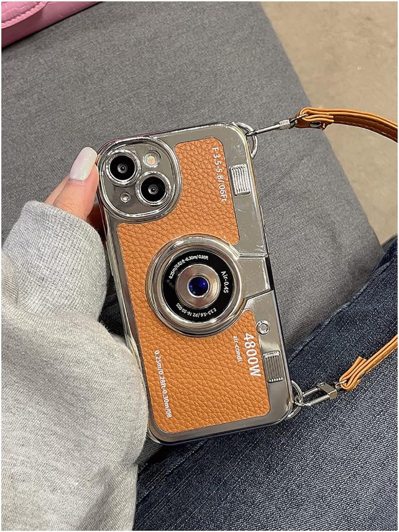 QoKcoahn 3D Vintage Camera Phone Case with Hand Strap - Unique Cool Silicone PC Shockproof Crossbody Protective Case for iPhone 16 Pro-Brown - Image 5