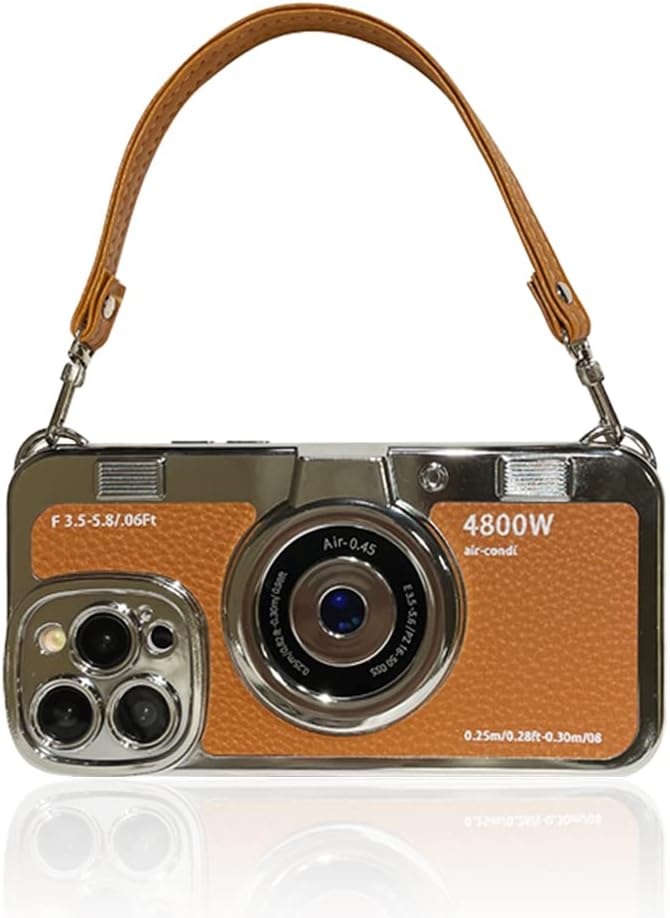 QoKcoahn 3D Vintage Camera Phone Case with Hand Strap - Unique Cool Silicone PC Shockproof Crossbody Protective Case for iPhone 16 Pro-Brown - Image 1