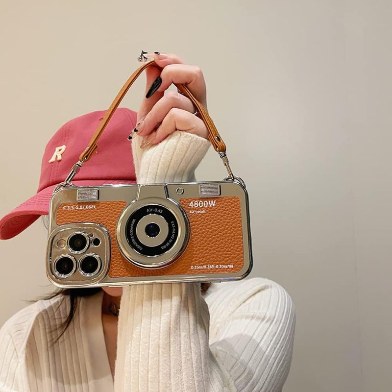 QoKcoahn 3D Vintage Camera Phone Case with Hand Strap - Unique Cool Silicone PC Shockproof Crossbody Protective Case for iPhone 16 Pro-Brown - Image 2
