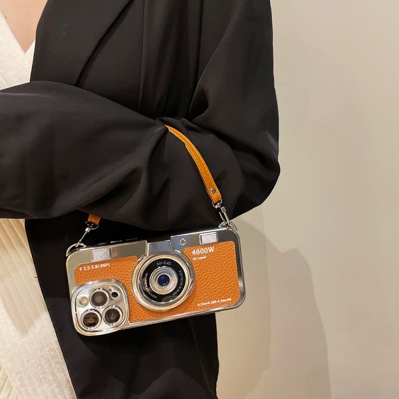 QoKcoahn 3D Vintage Camera Phone Case with Hand Strap - Unique Cool Silicone PC Shockproof Crossbody Protective Case for iPhone 16 Pro-Brown - Image 4