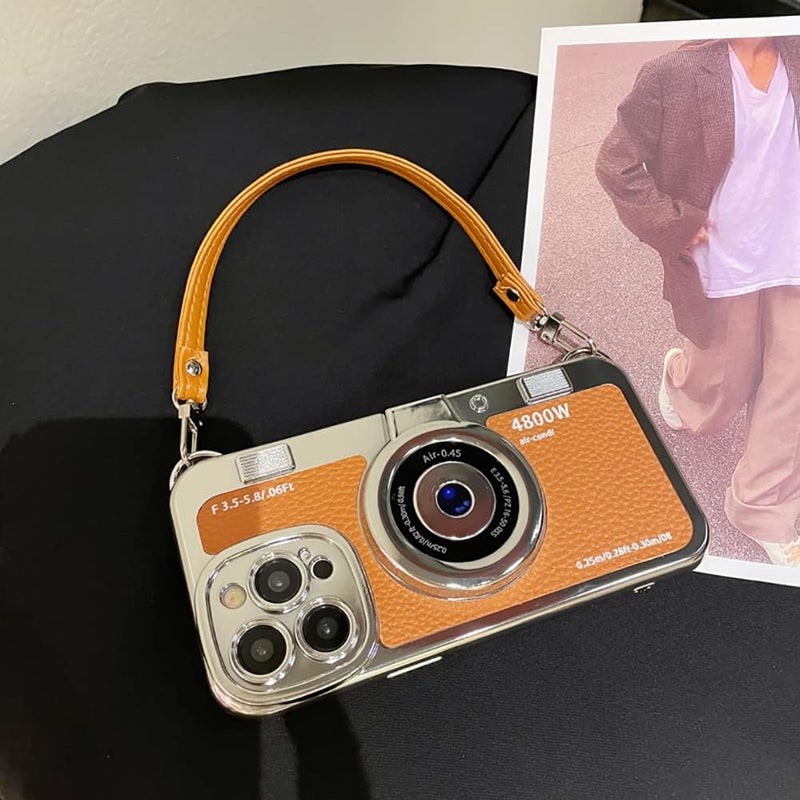 QoKcoahn 3D Vintage Camera Phone Case with Hand Strap - Unique Cool Silicone PC Shockproof Crossbody Protective Case for iPhone 16 Pro-Brown - Image 3