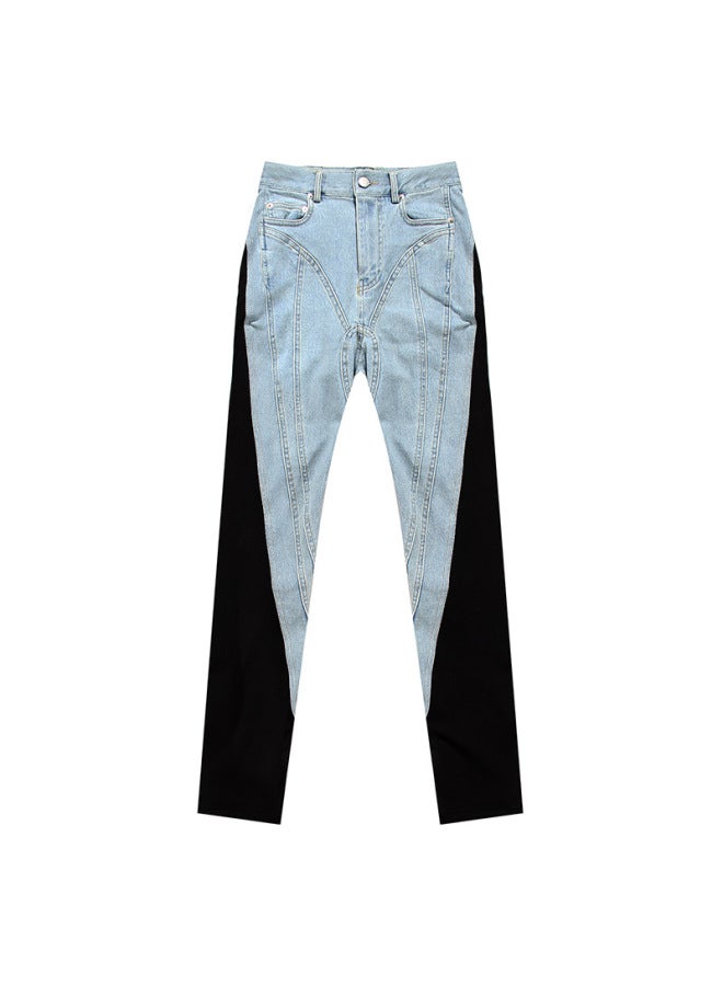 Stretch Giant Slim Jeans Women's Spring 2023 Autumn Distinctive Contrast Color Stitching Washed Light Color Street 