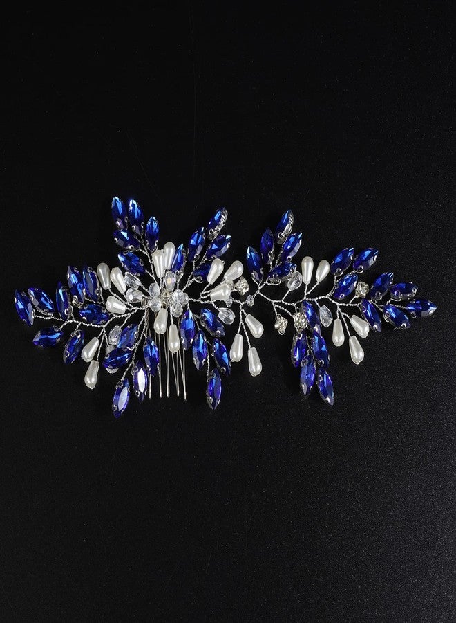 Xerling Vintage Hair Comb Brides Wedding Blue Crystal Hair Accessory Bridal Headpiece Pearl Hair Piece Jewelry (Blue) - Image 2