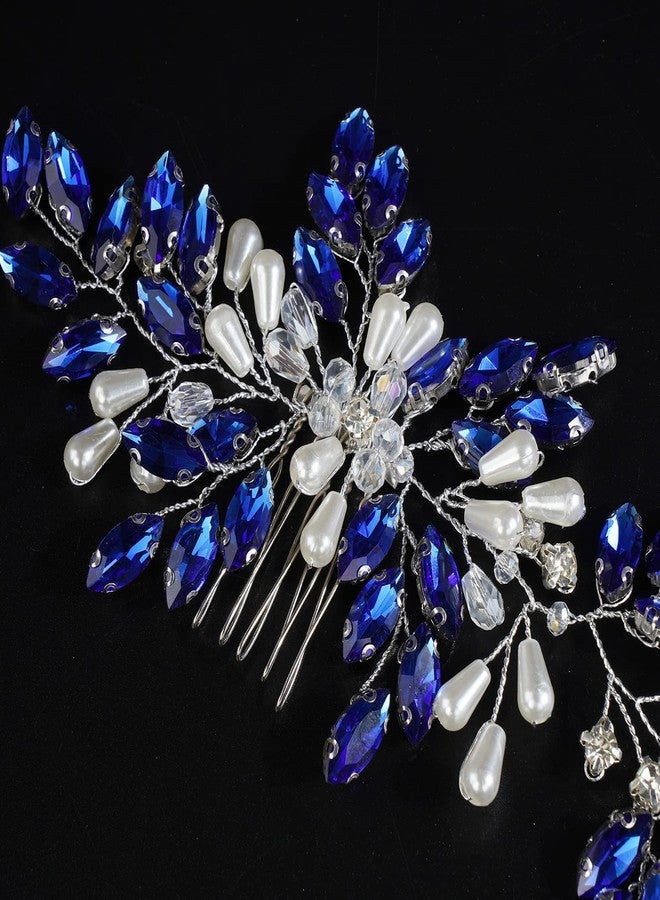 Xerling Vintage Hair Comb Brides Wedding Blue Crystal Hair Accessory Bridal Headpiece Pearl Hair Piece Jewelry (Blue) - Image 3