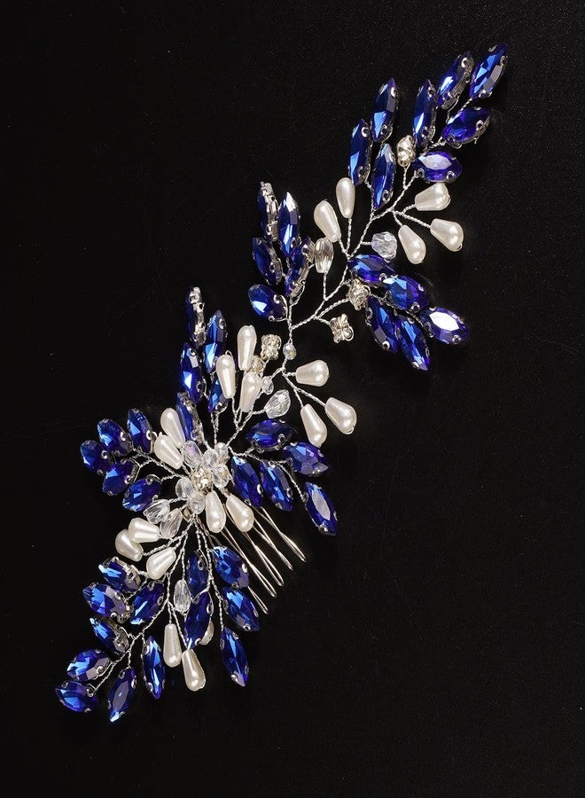 Xerling Vintage Hair Comb Brides Wedding Blue Crystal Hair Accessory Bridal Headpiece Pearl Hair Piece Jewelry (Blue) - Image 1