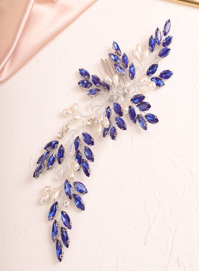 Xerling Vintage Hair Comb Brides Wedding Blue Crystal Hair Accessory Bridal Headpiece Pearl Hair Piece Jewelry (Blue) - Image 4