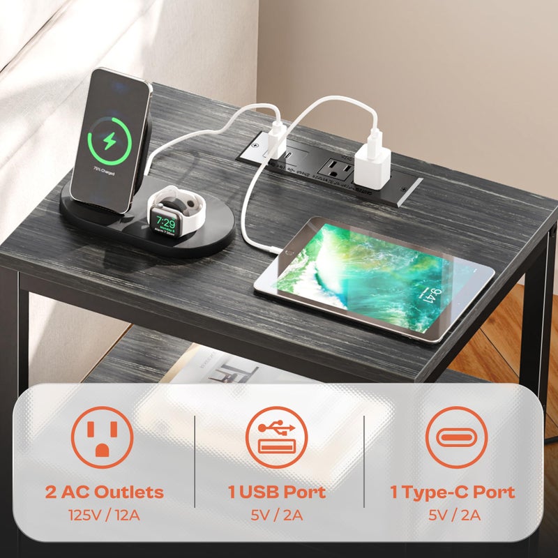 SUPERJARE Nightstand with Charging Station, Bed Side Table with Adjustable Fabric Drawer, Night Stand for Bedroom, 3-Tier Storage End Table, for Living Room, Charcoal Black Wood Grain Print - Image 3