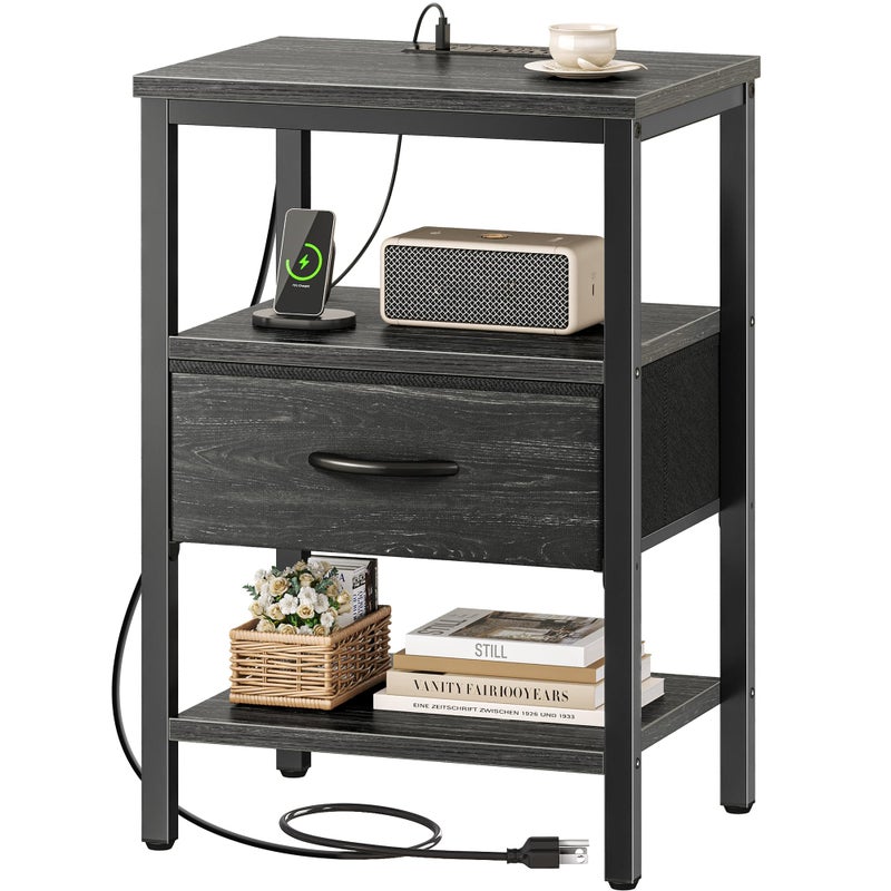 SUPERJARE Nightstand with Charging Station, Bed Side Table with Adjustable Fabric Drawer, Night Stand for Bedroom, 3-Tier Storage End Table, for Living Room, Charcoal Black Wood Grain Print - Image 1