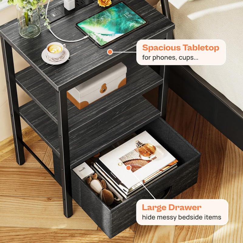 SUPERJARE Nightstand with Charging Station, Bed Side Table with Adjustable Fabric Drawer, Night Stand for Bedroom, 3-Tier Storage End Table, for Living Room, Charcoal Black Wood Grain Print - Image 4