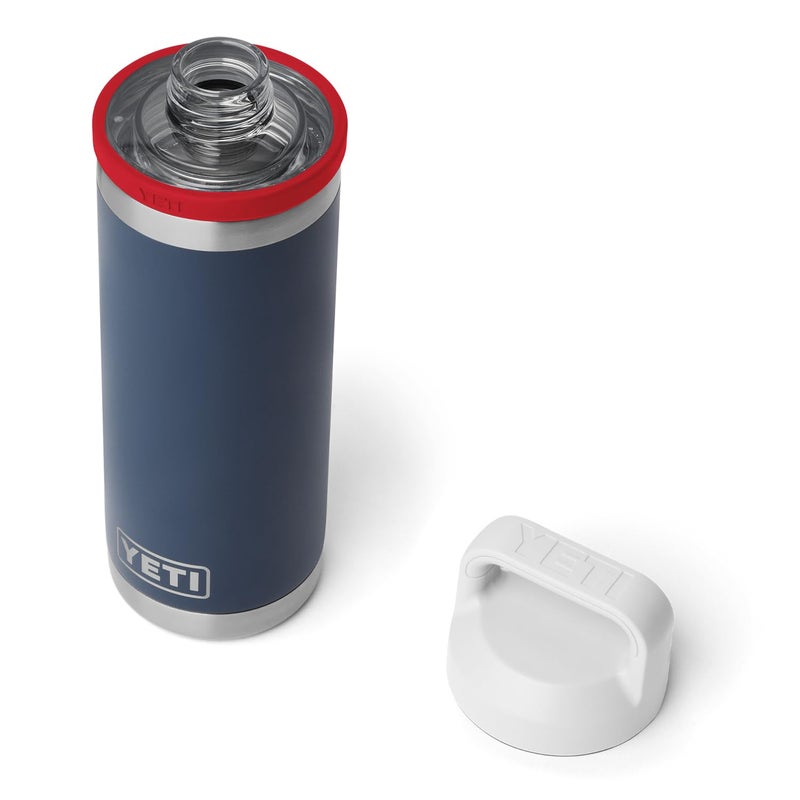 يتي زجاجة YETI Rambler سعة 18 أونصة معزولة بالفراغ من الفولاذ المقاوم للصدأ مانعة للتسرب مع غطاء متحرك، أزرق داكن/أحمر/أبيض - Image 1