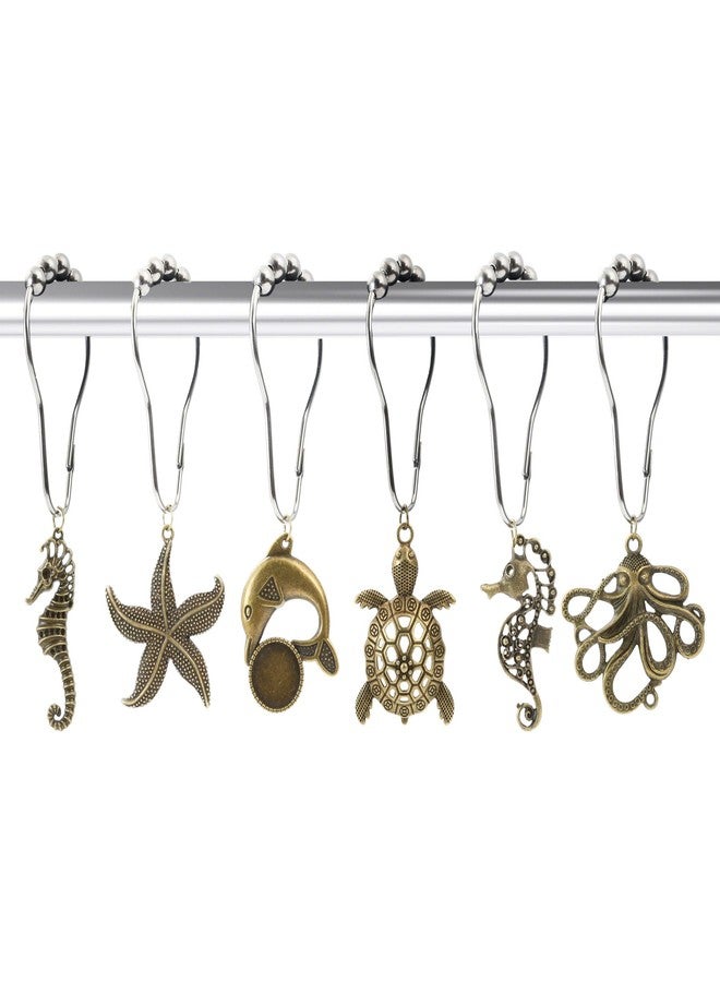 INSYOHO Beach Shower Curtain Hooks 12 Pcs - Ocean Shower Curtain Accessories with Seaside Bronze Hooks, 5 Nautical Designs (Starfish, Seahorse, Turtle, Whale, Octopus) for Coastal Bathroom Deco - Image 1