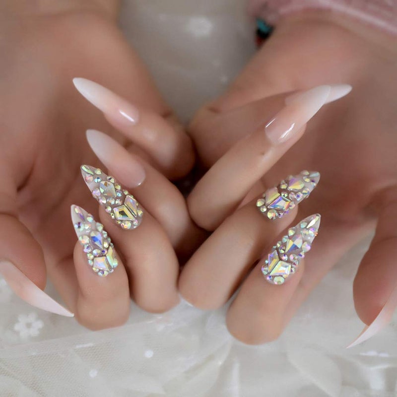 Luxury Fake Nails Designer Extra Long Ombre French Jewelry Predesigned Nails Natural Stiletto AB Stones Decoration Tips