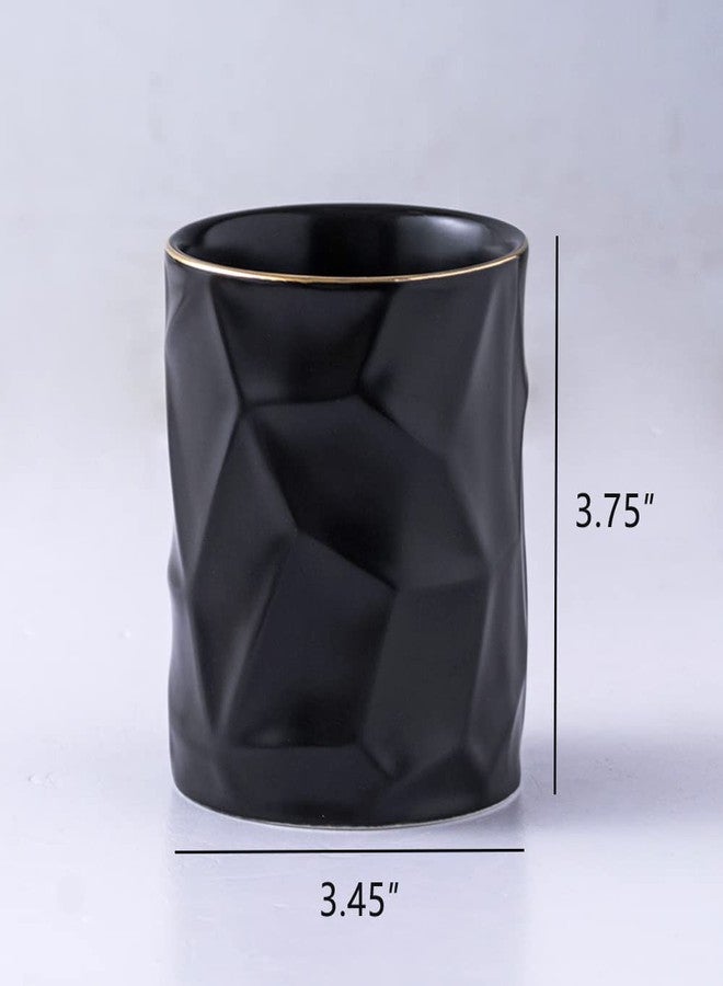 YOSCO Ceramic Irregular Round Pen Holder For Desk Cute Stand Gold Line Aesthetic Pencil Cup Pot Desk Organizer for Men Women Makeup Brush Holder (Black) - Image 2