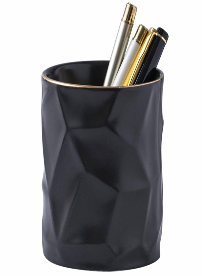 YOSCO Ceramic Irregular Round Pen Holder For Desk Cute Stand Gold Line Aesthetic Pencil Cup Pot Desk Organizer for Men Women Makeup Brush Holder (Black) - Image 1