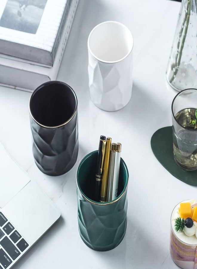 YOSCO Ceramic Irregular Round Pen Holder For Desk Cute Stand Gold Line Aesthetic Pencil Cup Pot Desk Organizer for Men Women Makeup Brush Holder (Black) - Image 4