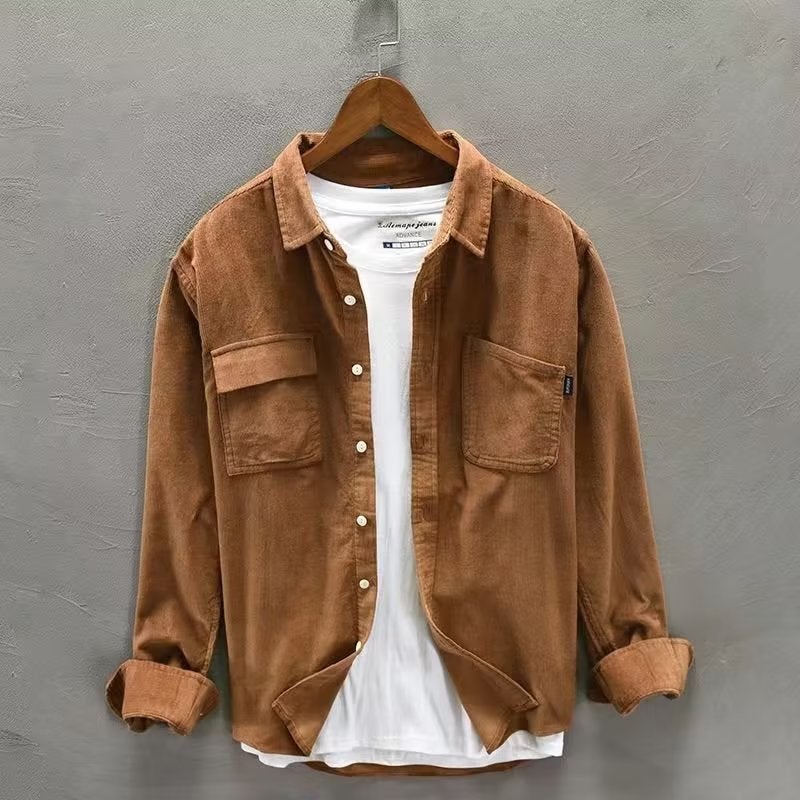 Japanese style trendy corduroy shirt mens fashionable handsome shirt Hong Kong style long sleeve casual workwear shirt jacket Brown - Image 1