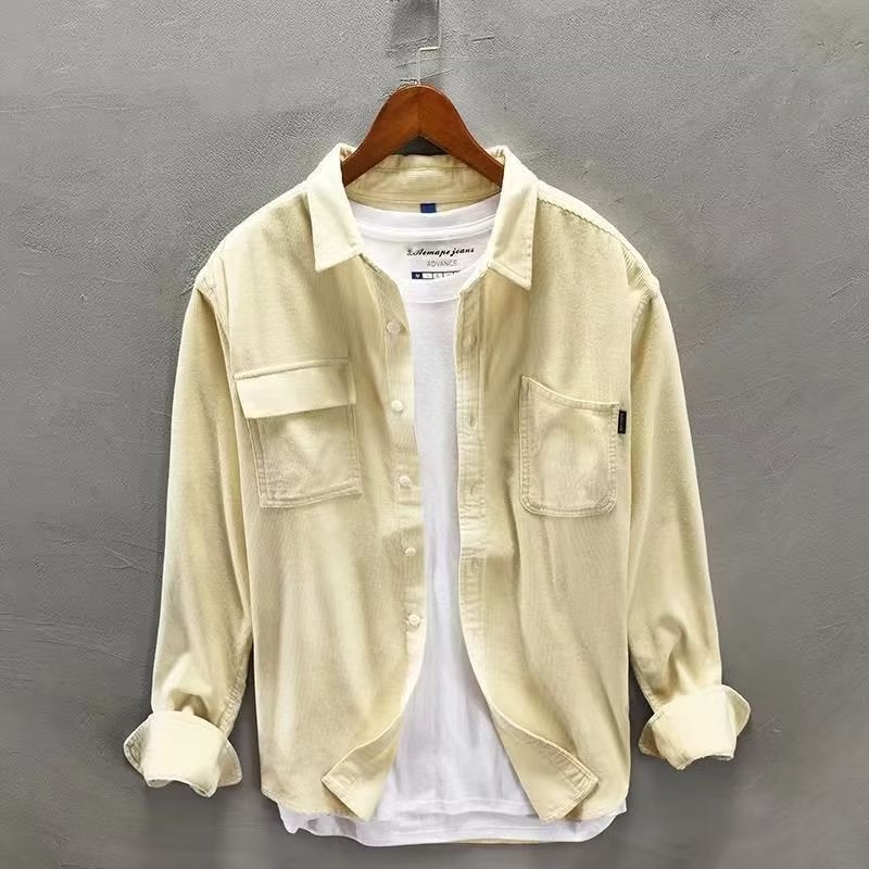 Japanese style trendy corduroy shirt mens fashionable handsome shirt Hong Kong style long sleeve casual workwear shirt jacket Brown - Image 2