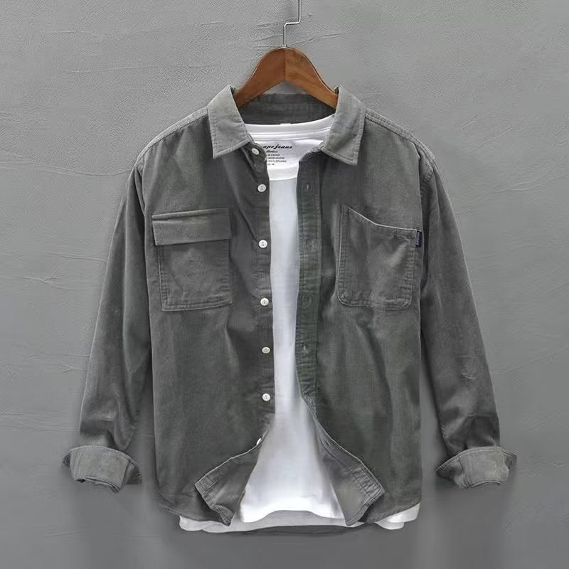 Japanese style trendy corduroy shirt mens fashionable handsome shirt Hong Kong style long sleeve casual workwear shirt jacket Brown - Image 3