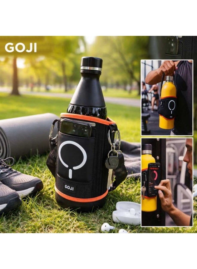 GOJI Magnetic Gym Water Bottle Holder with Multi-Pocket Storage Bag, Key Clip & Adjustable Strap – Hands-Free Neoprene Bottle Carrier with Powerful Magnet Mount, Phone Pocket, Reflective Trim for Gym, Running, Hiking, Cycling, Outdoor Fitness & Travel – Fits 500ml to 1.5L Bottles – Durable Lightweight Thermal Water Bottle Sleeve with Carabiner Hooks – Black/Orange (Bottle Not Included) - Image 1