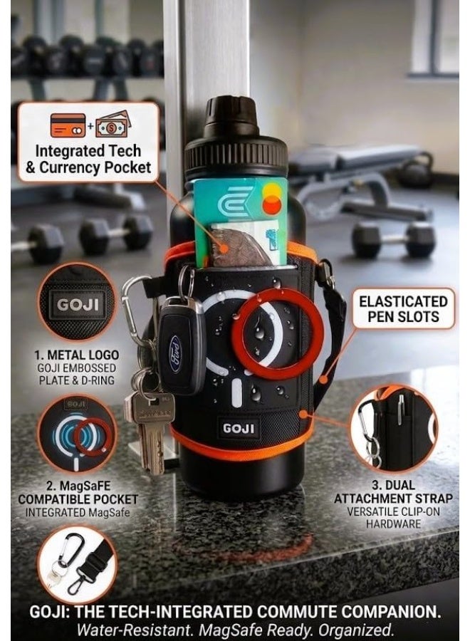 GOJI Magnetic Gym Water Bottle Holder with Multi-Pocket Storage Bag, Key Clip & Adjustable Strap – Hands-Free Neoprene Bottle Carrier with Powerful Magnet Mount, Phone Pocket, Reflective Trim for Gym, Running, Hiking, Cycling, Outdoor Fitness & Travel – Fits 500ml to 1.5L Bottles – Durable Lightweight Thermal Water Bottle Sleeve with Carabiner Hooks – Black/Orange (Bottle Not Included) - Image 4