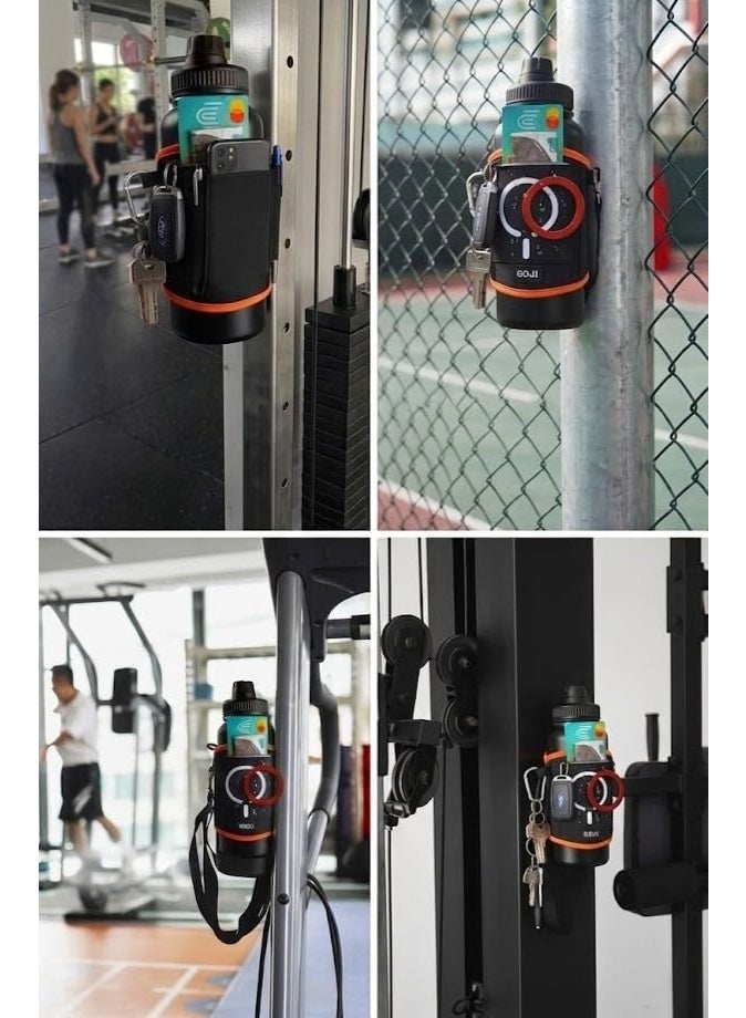 GOJI Magnetic Gym Water Bottle Holder with Multi-Pocket Storage Bag, Key Clip & Adjustable Strap – Hands-Free Neoprene Bottle Carrier with Powerful Magnet Mount, Phone Pocket, Reflective Trim for Gym, Running, Hiking, Cycling, Outdoor Fitness & Travel – Fits 500ml to 1.5L Bottles – Durable Lightweight Thermal Water Bottle Sleeve with Carabiner Hooks – Black/Orange (Bottle Not Included) - Image 2