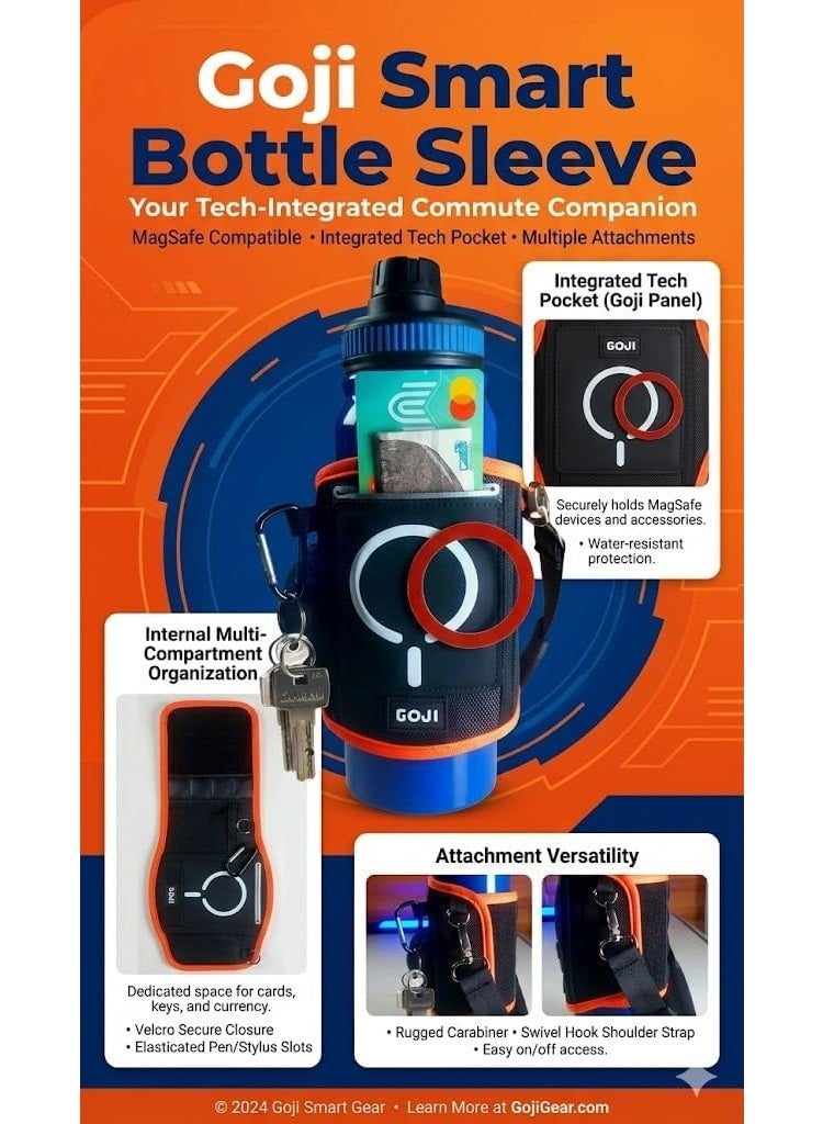 GOJI Magnetic Gym Water Bottle Holder with Multi-Pocket Storage Bag, Key Clip & Adjustable Strap – Hands-Free Neoprene Bottle Carrier with Powerful Magnet Mount, Phone Pocket, Reflective Trim for Gym, Running, Hiking, Cycling, Outdoor Fitness & Travel – Fits 500ml to 1.5L Bottles – Durable Lightweight Thermal Water Bottle Sleeve with Carabiner Hooks – Black/Orange (Bottle Not Included) - Image 3