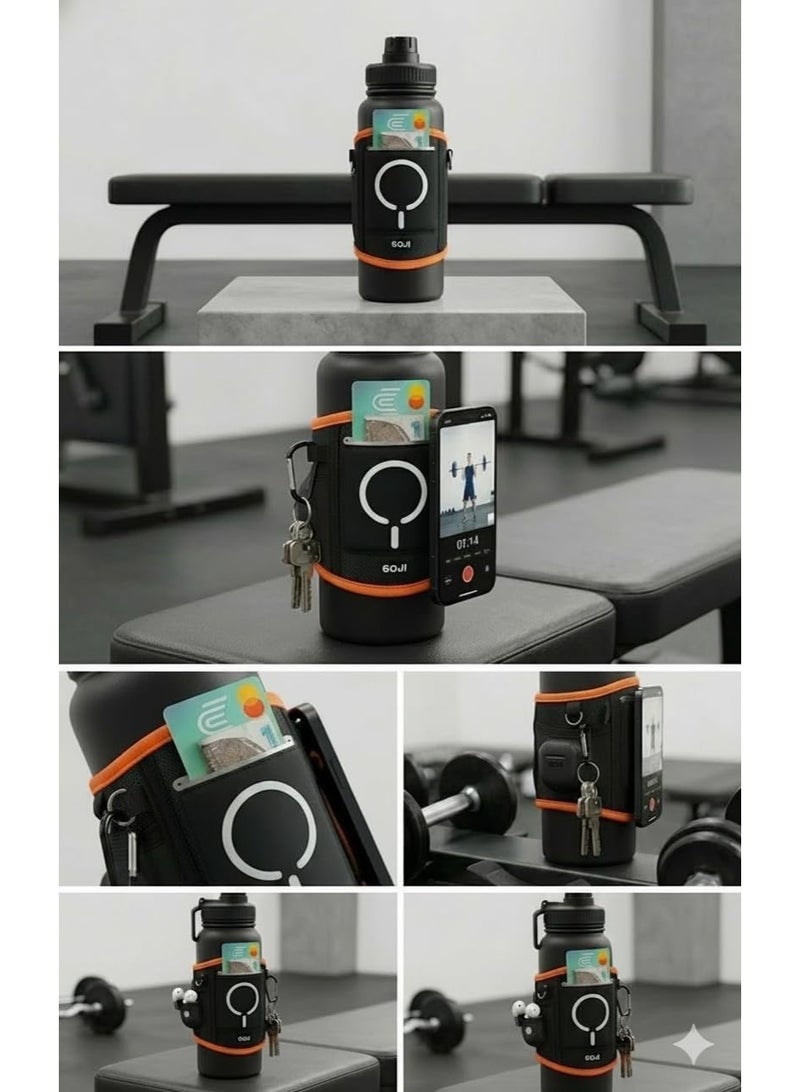 GOJI Magnetic Gym Water Bottle Holder with Multi-Pocket Storage Bag, Key Clip & Adjustable Strap – Hands-Free Neoprene Bottle Carrier with Powerful Magnet Mount, Phone Pocket, Reflective Trim for Gym, Running, Hiking, Cycling, Outdoor Fitness & Travel – Fits 500ml to 1.5L Bottles – Durable Lightweight Thermal Water Bottle Sleeve with Carabiner Hooks – Black/Orange (Bottle Not Included) - Image 5