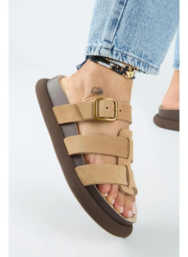 Borde Women's Genuine Leather Strap, Buckle Nubuck Sole Sandal.