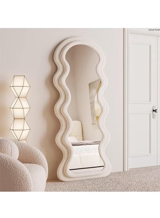 Vphom Irregular Wavy Full-Length Mirror with Velvet-Wrapped Wooden Frame (71" x 32" / 180x80 cm) – Premium Floor, Standing, or Wall-Mounted Mirror for Bedroom & Living Room (White) - Image 3