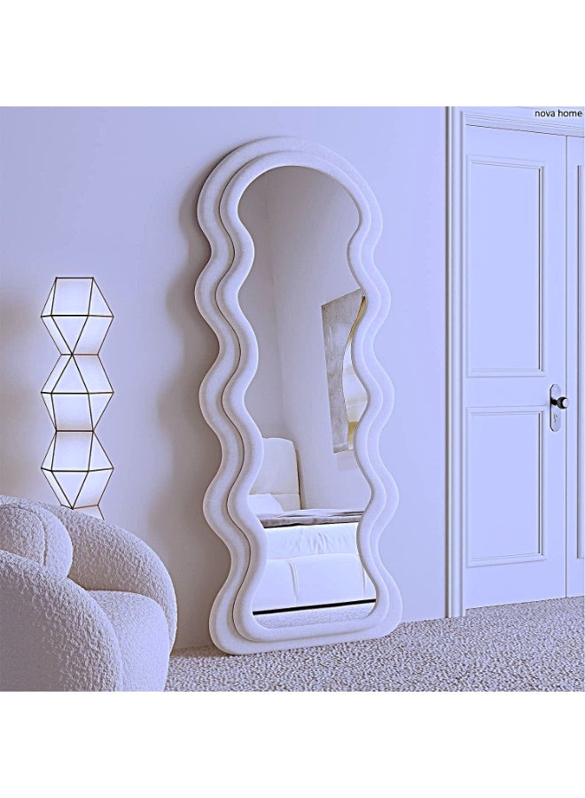 Vphom Irregular Wavy Full-Length Mirror with Velvet-Wrapped Wooden Frame (71" x 32" / 180x80 cm) – Premium Floor, Standing, or Wall-Mounted Mirror for Bedroom & Living Room (White) - Image 1