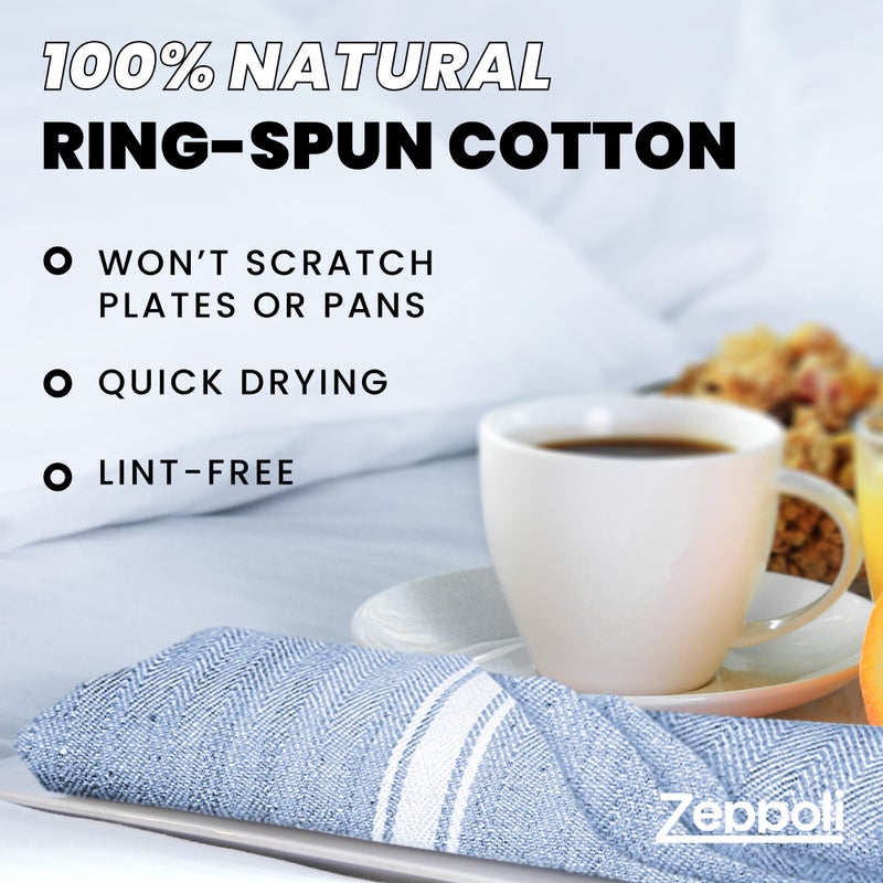 Zeppoli Classic Kitchen Towels - 15 Pack 100% Natural Cotton Kitchen Towel Set  Reusable Wash Cloths  Absorbent Dish Towels  Machine Washable Hand Towels  Kitchen Essentials - 14  by 25  - Blue Base - Image 3