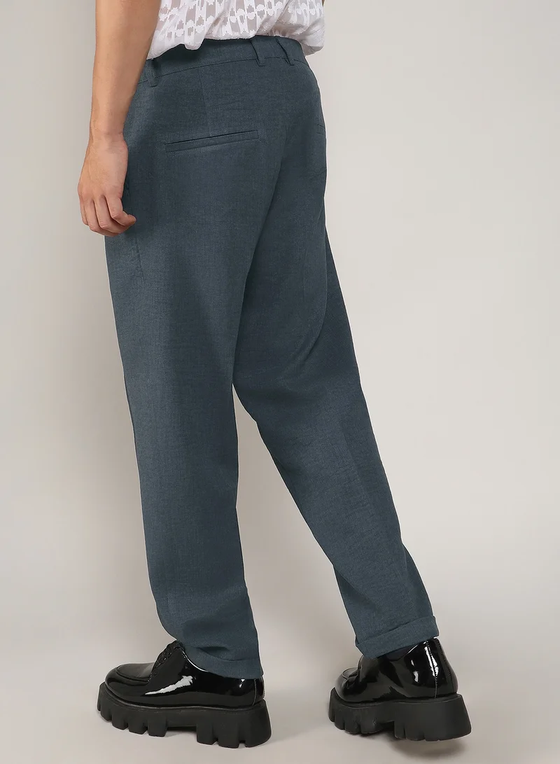 Campus Sutra Navy Blue Lightweight - Tailored Linen-Blend Trousers for Men | Best Price UAE