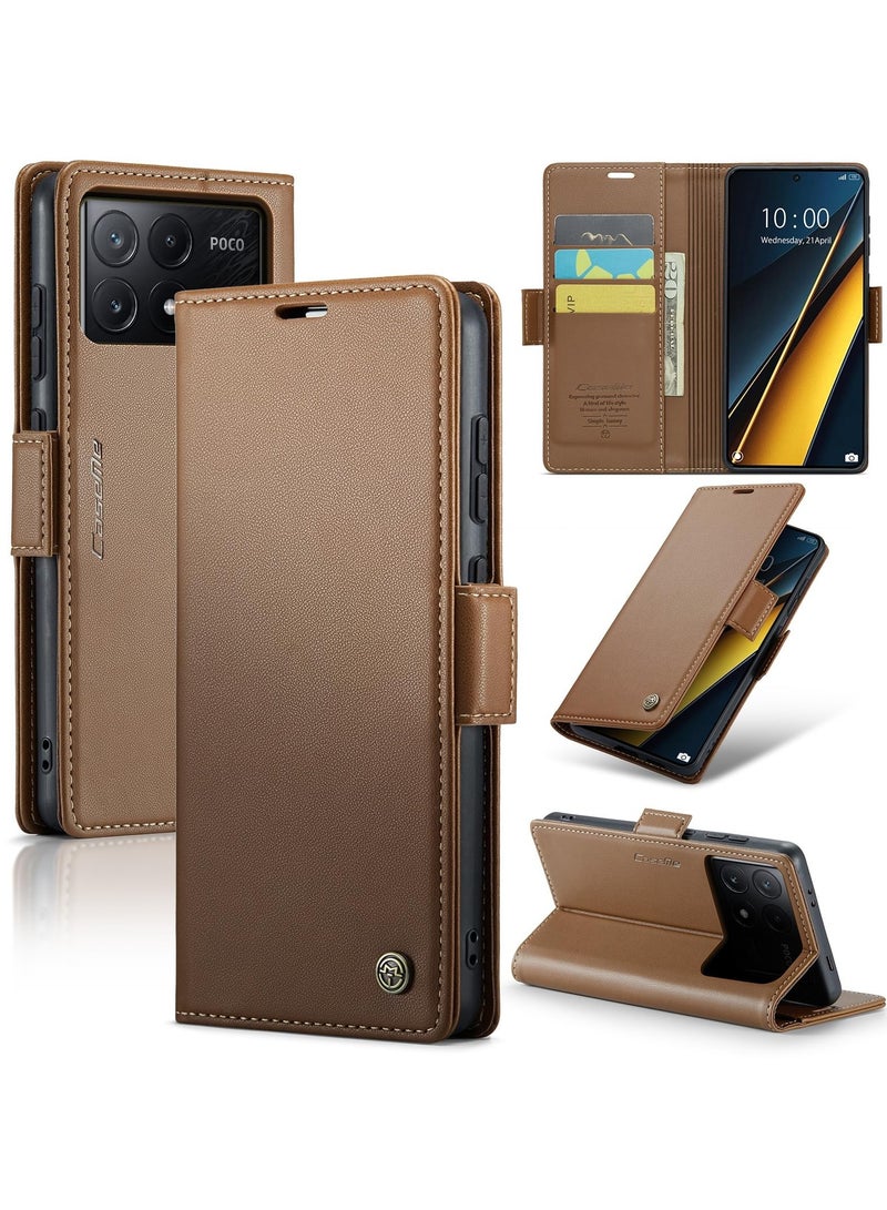 CaseMe Phone Case Luxury PU Leather Design Anti Fingerprint 023 Flip Cover Card Slot Holder Cover For Poco X6 Pro / K70E (Beown) - Image 1