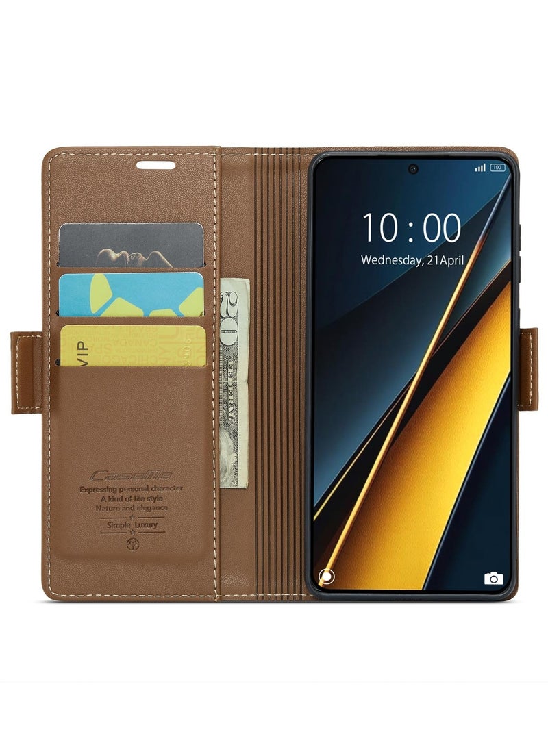 CaseMe Phone Case Luxury PU Leather Design Anti Fingerprint 023 Flip Cover Card Slot Holder Cover For Poco X6 Pro / K70E (Beown) - Image 4
