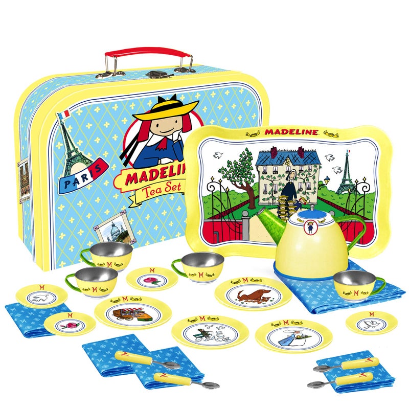 YOTTOY Madeline Collection  23Piece Kids Tin Tea Set Toy w Illustrations Monograms Carry Case - Image 2