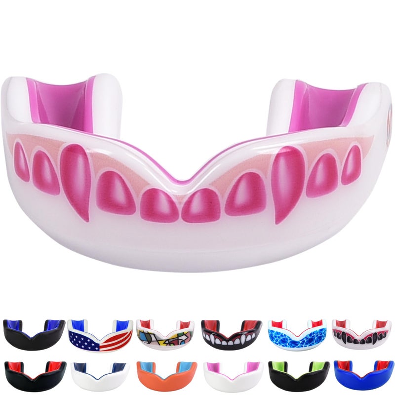 Oral Mart حارس الفم للشباب من أورال مارت - أنياب مصاصي الدماء البيضاء/الوردية للأطفال - حارس فم للشباب للكاراتيه، كرة القدم، فنون القتال، التايكوندو، الملاكمة، الرجبي، BJJ، موياي تاي، كرة القدم، الهوكي (مع علبة مجانية) - Image 1