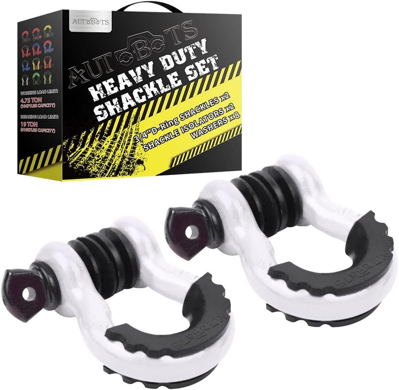 AUTOBOTS D Ring Shackles 3/4" (2 Pack) - 45,000Ib Max Break Strength With 7/8" Pin & Isolator Washers - Heavy Duty Clevis for Tow Strap, Jeep, Off Road Vehicle Recovery - White-Black - Image 1
