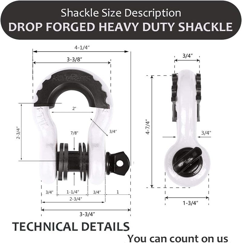 AUTOBOTS D Ring Shackles 3/4" (2 Pack) - 45,000Ib Max Break Strength With 7/8" Pin & Isolator Washers - Heavy Duty Clevis for Tow Strap, Jeep, Off Road Vehicle Recovery - White-Black - Image 2