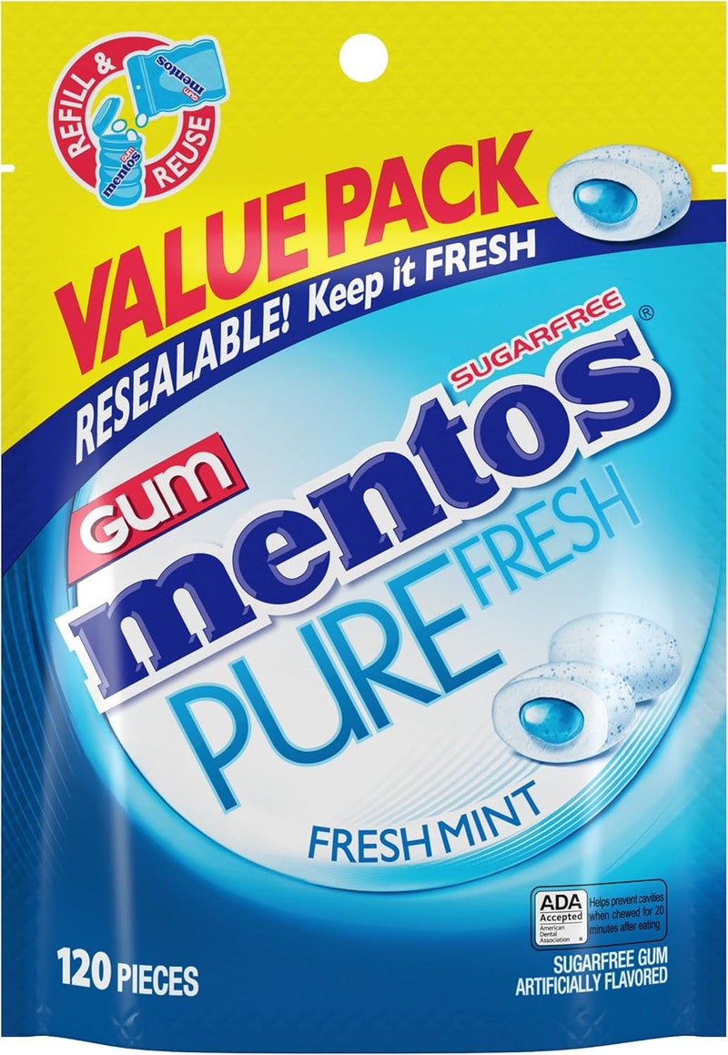 Mentos Pure Fresh Sugar-Free Chewing Gum with Xylitol, Fresh Mint - 120 Pieces Resealable Bag - Image 1